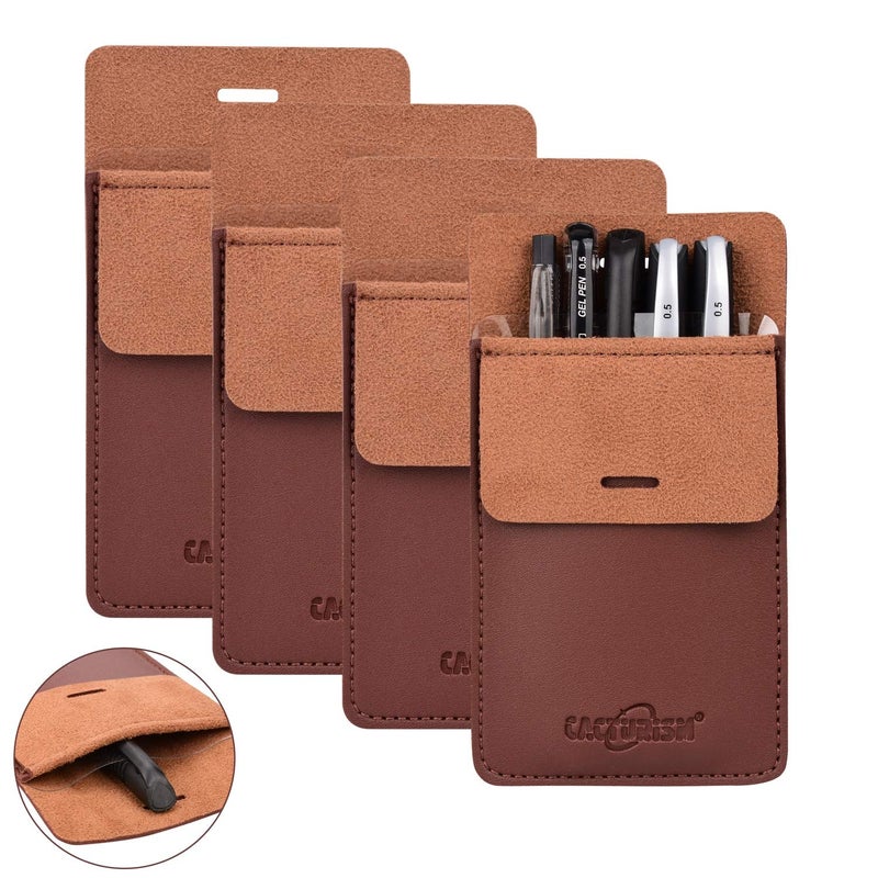 Cacturism Pocket Protector, 4 Pack Premium PU Leather Men Women Pen Holder Pouch Pocket Organizer For Shirts, Lab Coats, Pants; Multi-Purpose-Holds Pens, Pointers, Pencils, Ruler, Tools (Brown 4 Pcs) - Image 1
